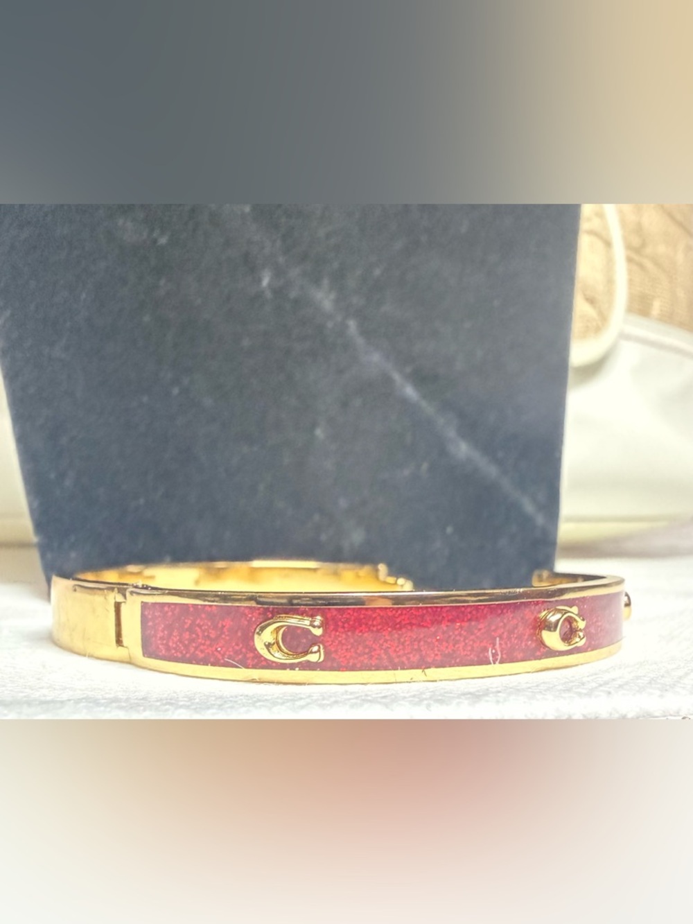 LOWSTART Coach Gold-Tone Red Glitter C Accent Bangle Bracelet w/Dustbag - Picture 15 of 16